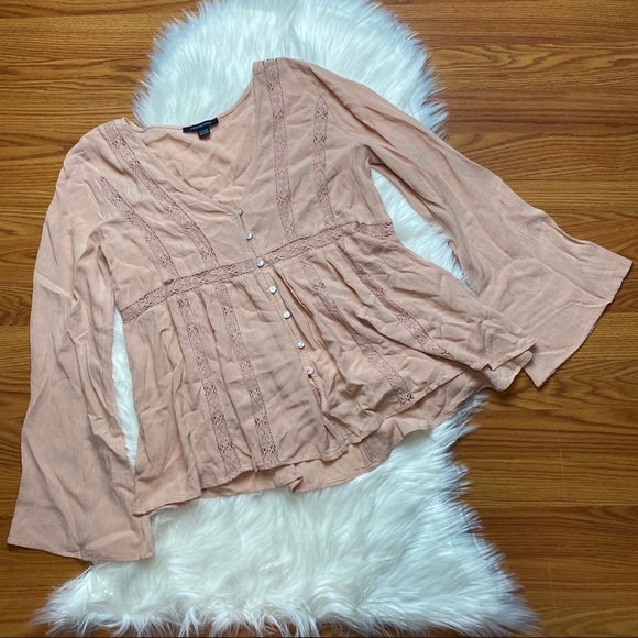 American Eagle Outfitters Tops - American Eagle Pink Peasant Bell Sleeve Top